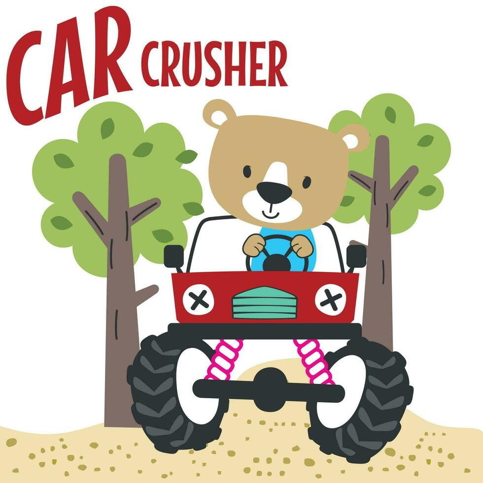 Vector illustration of monster truck with little bear driver. Can be used for t-shirt print, kids wear fashion design, invitation card. fabric, textile, nursery wallpaper and other decoration.