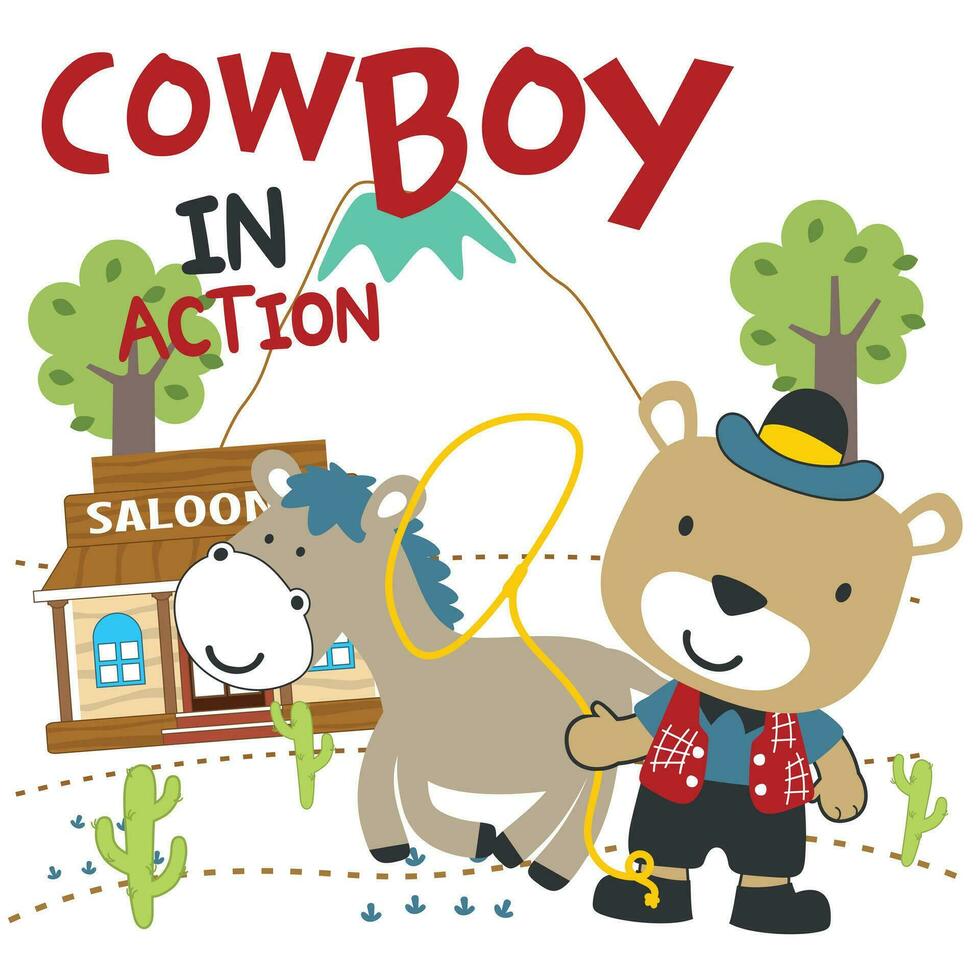 vector illustration of Cute bear cowboy with lasso and and horse. Cartoon character for childrens book, album, baby shower, greeting card, party invitation, house interior. Vector stock illustration.