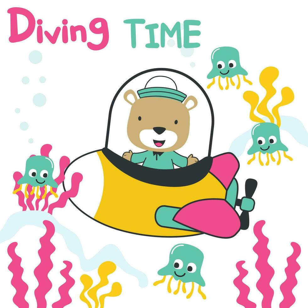 Diving with funny bear driving submarine. Creative vector childish background for fabric, textile, nursery wallpaper, poster, card, brochure. vector illustration background.