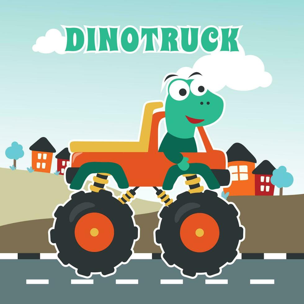 Vector illustration of dinosaurs riding monster truck with cartoon style. Can be used for t-shirt print, kids wear, invitation card. fabric, textile, nursery wallpaper, poster and other decoration.