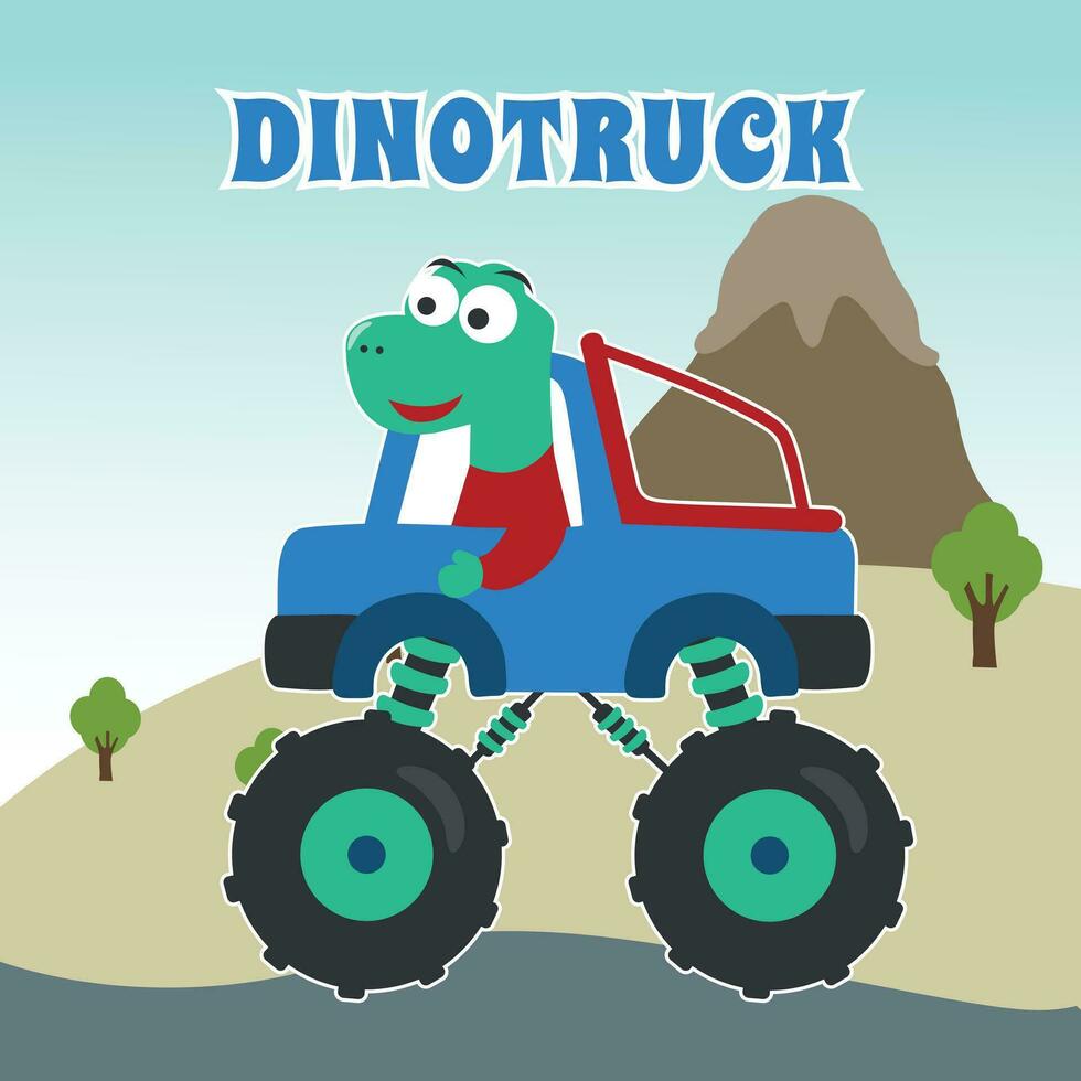 Vector illustration of dinosaurs riding monster truck with cartoon style. Can be used for t-shirt print, kids wear, invitation card. fabric, textile, nursery wallpaper, poster and other decoration.