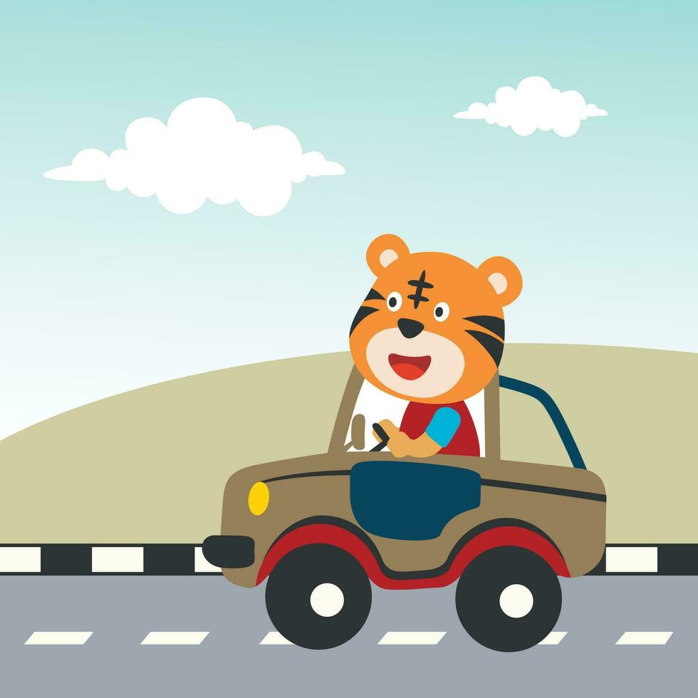 Vector cartoon of funny tiger driving car in the road with village landscape. Can be used for t-shirt printing, children wear fashion designs, baby shower invitation cards and other decoration.