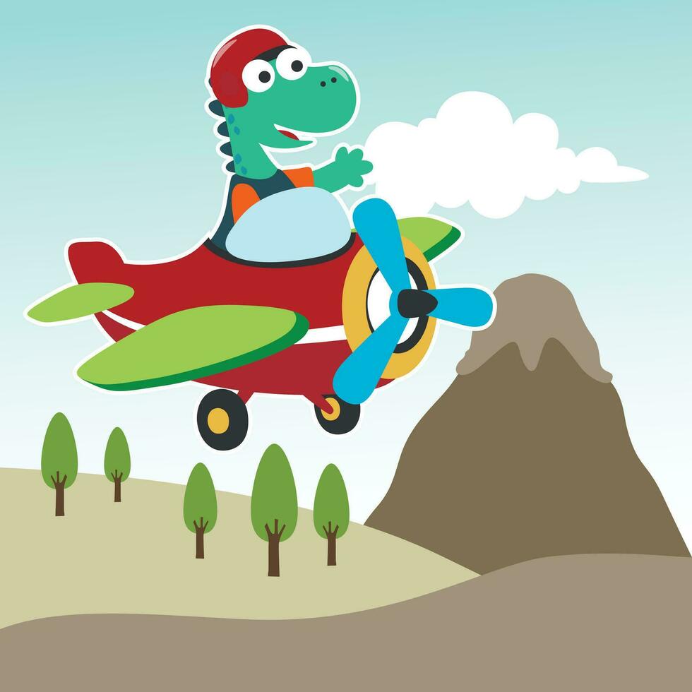 Vector illustration of colorful graphics dinosaurs flies in the sky on an airplane. Can be used for t-shirt print, kids wear fashion design, invitation card. fabric, textile, nursery wallpaper.