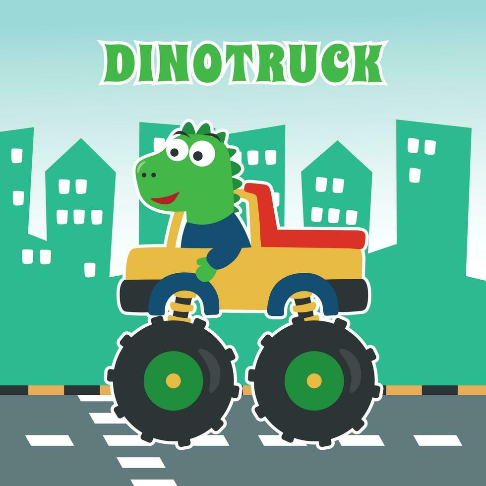 Vector illustration of dinosaurs riding monster truck with cartoon style. Can be used for t-shirt print, kids wear, invitation card. fabric, textile, nursery wallpaper, poster and other decoration.