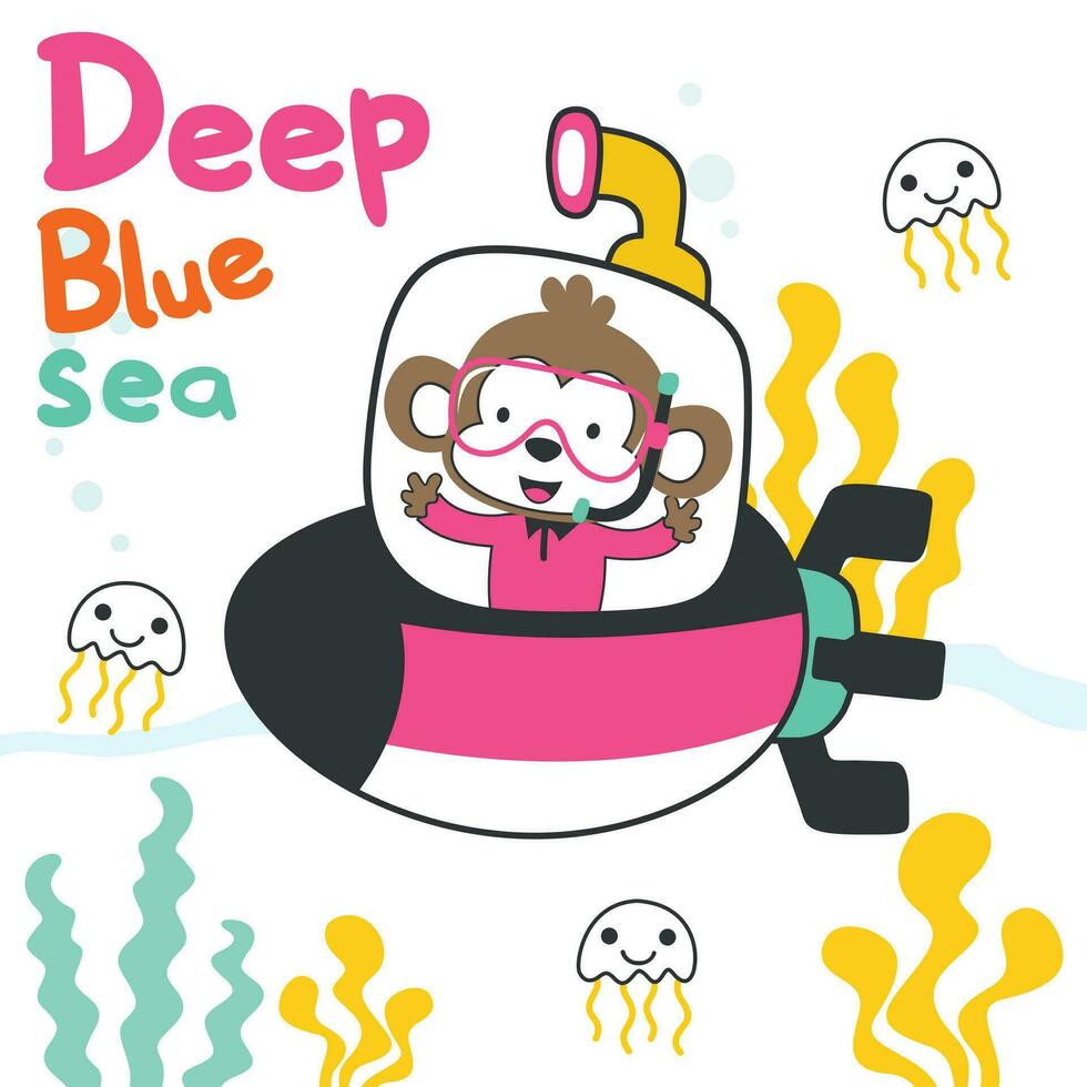 Diving with funny bear driving submarine. Creative vector childish background for fabric, textile, nursery wallpaper, poster, card, brochure. vector illustration background.