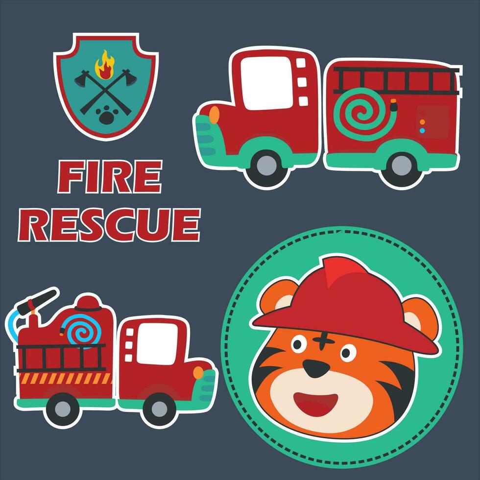 Fire rescue car with funny firefighter, vector cartoon, Cartoon, vector illustration, Creative vector childish background for fabric, textile, nursery wallpaper, card, poster and other decoration