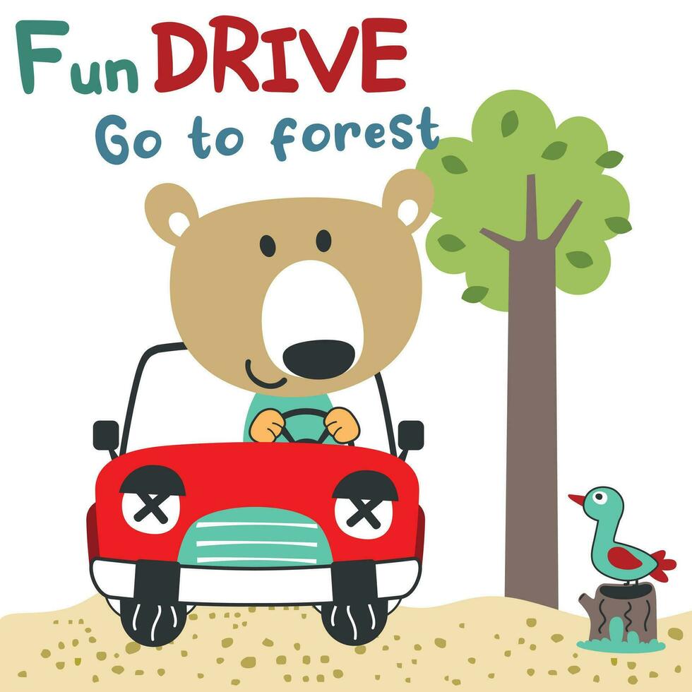 Vector illustration of funy bear driving the red car. Funny background cartoon style for kids. Little adventure with animals on the road for nursery design, cartoon tshirt art design.