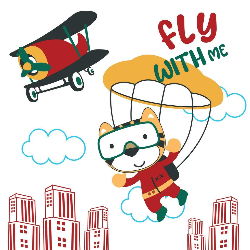 Vector illustration of a cute little animal flying with a parachute. with cartoon style. Creative vector childish background for fabric textile, nursery wallpaper, poster, card, vector illustration