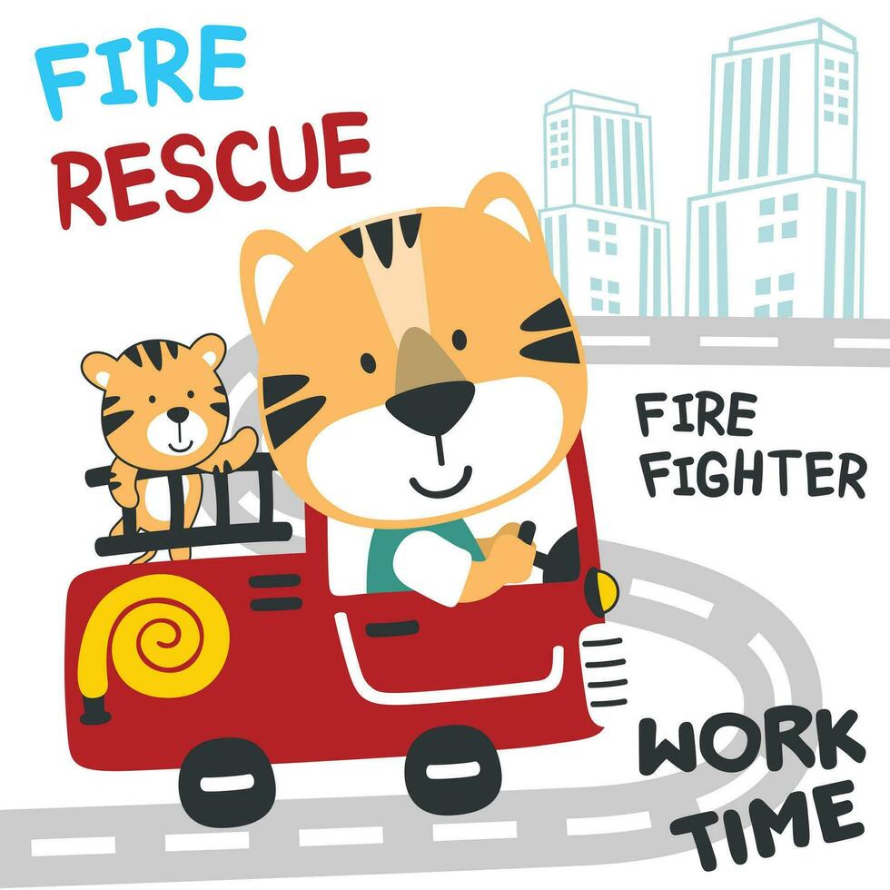 Vector illustration of funny animal firefighter on fire truck. Creative vector childish background for fabric, textile, nursery wallpaper, card, poster and other decoration