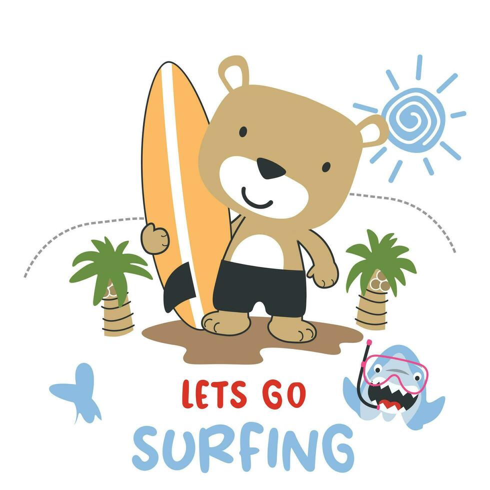 Vector illustration of cute little tiger with a surfboard, Funny background cartoon style for kids for nursery design, summer sports t-shirt print