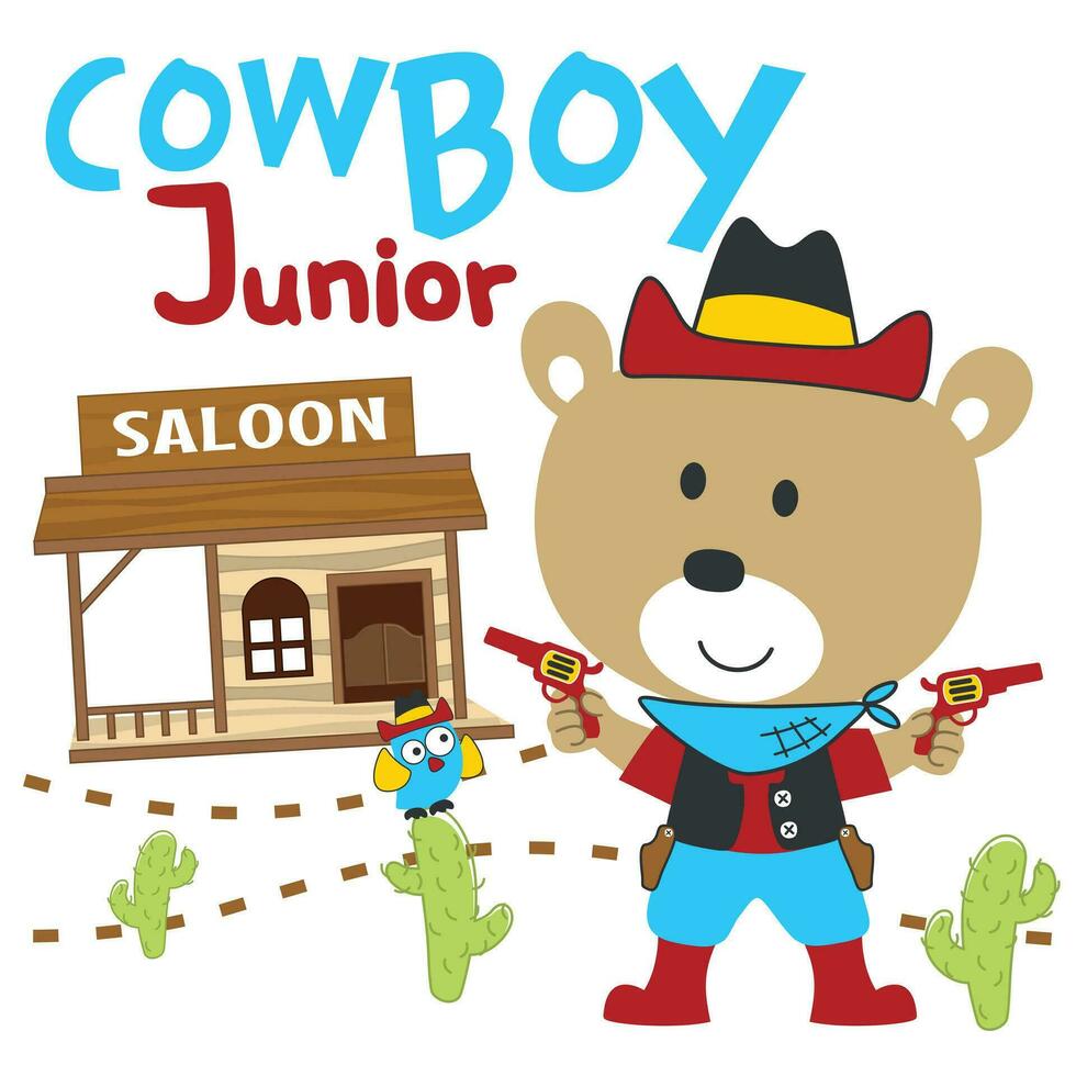 vector illustration of Cute bear cowboy with lasso and and horse. Cartoon character for childrens book, album, baby shower, greeting card, party invitation, house interior. Vector stock illustration.