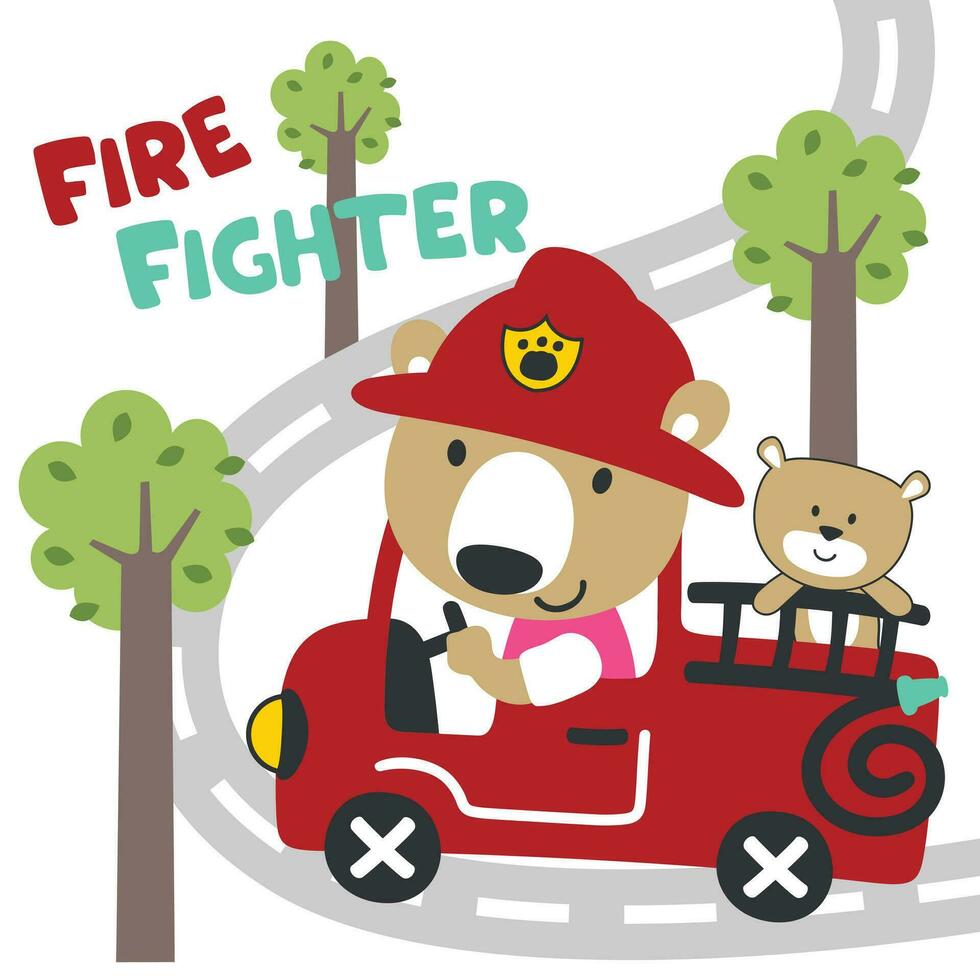 Vector illustration of funny animal firefighter on fire truck. Creative vector childish background for fabric, textile, nursery wallpaper, card, poster and other decoration