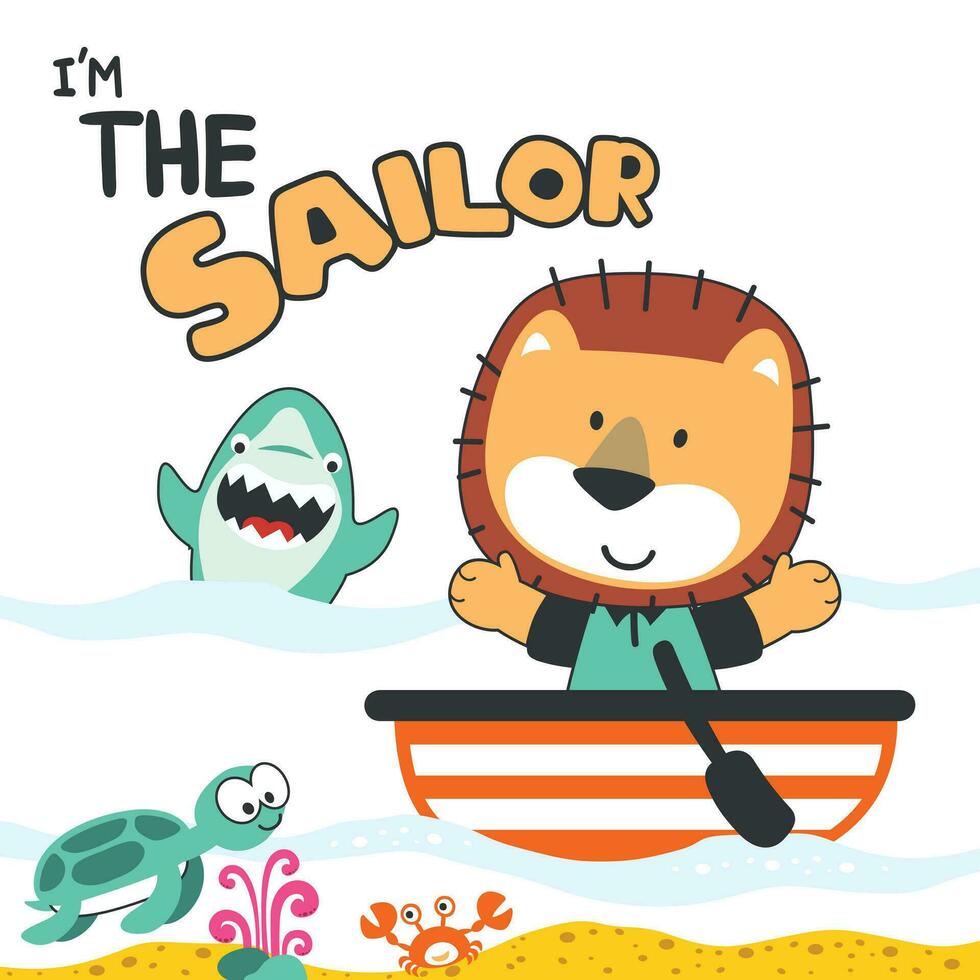 Cute bear sailor on the boat. Can be used for t-shirt print, kids wear fashion design, baby shower invitation card. fabric, textile, nursery wallpaper, poster. vector