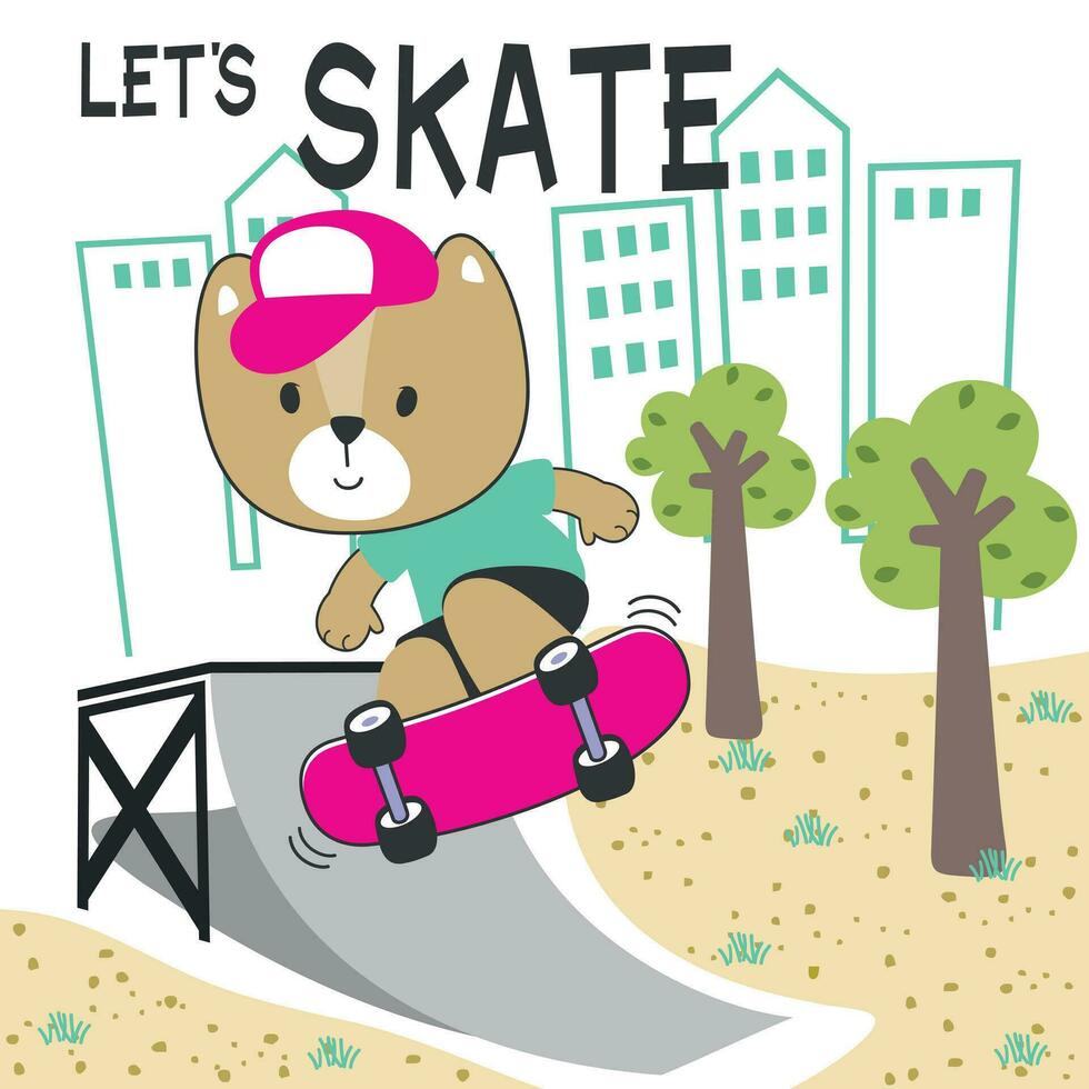 Cute cartoon character bear skater. Vector print with cute lion on a skateboard. Can be used for t-shirt print, kids wear fashion design, fabric textile, nursery wallpaper and other decoration.