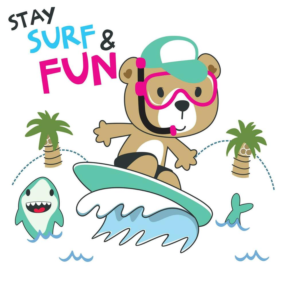 surf hora con linda pequeño oso a verano. lata ser usado para camiseta impresión, niños vestir Moda diseños, bebé ducha invitación tarjetas y otro decoración. vector