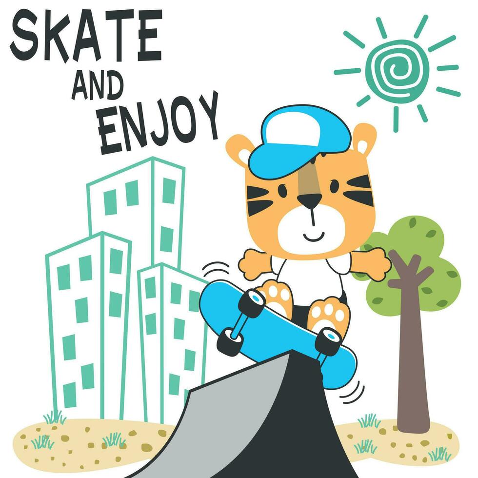 Cute cartoon character bear skater. Vector print with cute lion on a skateboard. Can be used for t-shirt print, kids wear fashion design, fabric textile, nursery wallpaper and other decoration.