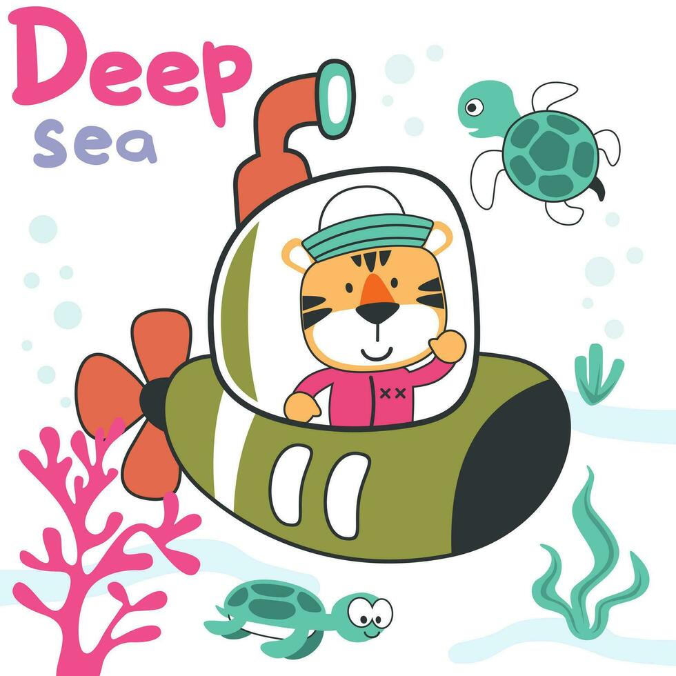 Diving with funny bear driving submarine. Creative vector childish background for fabric, textile, nursery wallpaper, poster, card, brochure. vector illustration background.