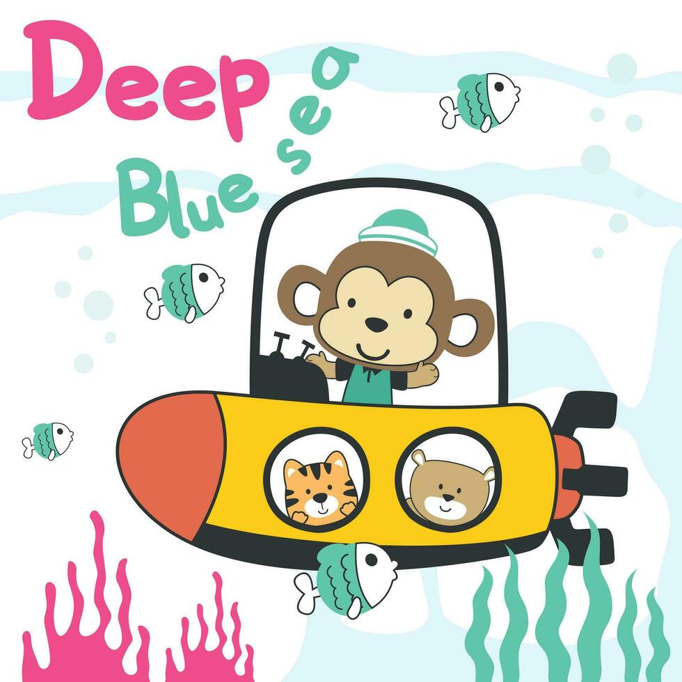 Diving with funny bear driving submarine. Creative vector childish background for fabric, textile, nursery wallpaper, poster, card, brochure. vector illustration background.