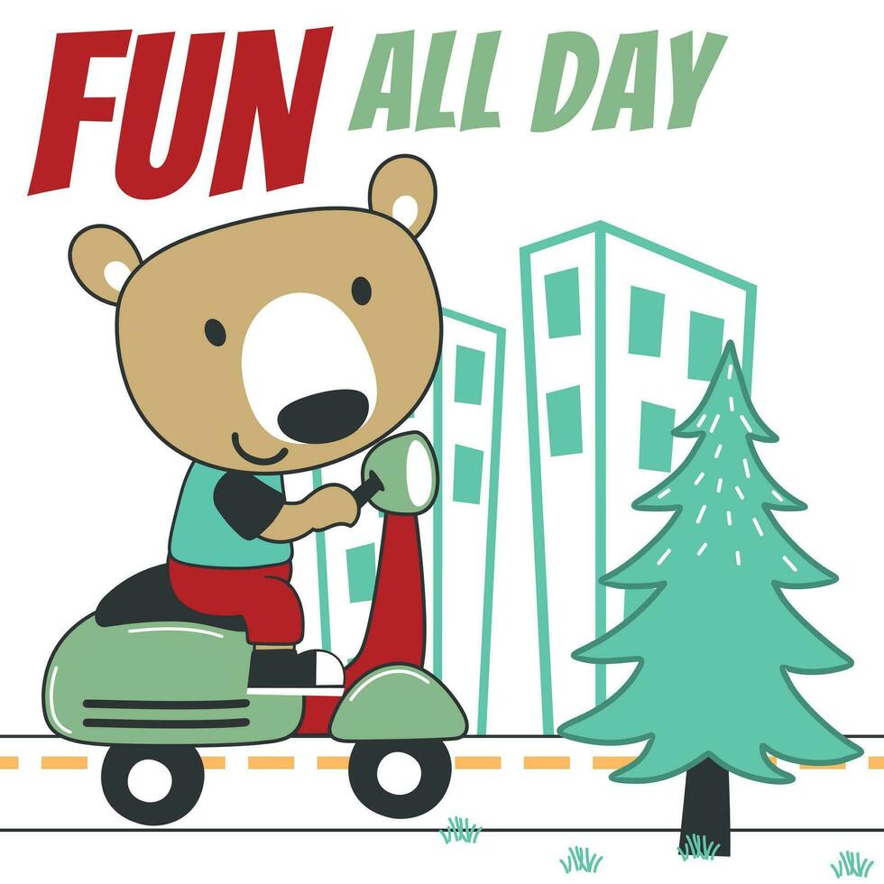 Vector illustration of cute bear Riding Scooter. Can be used for t-shirt printing, children wear fashion designs, baby shower invitation cards and other decoration.