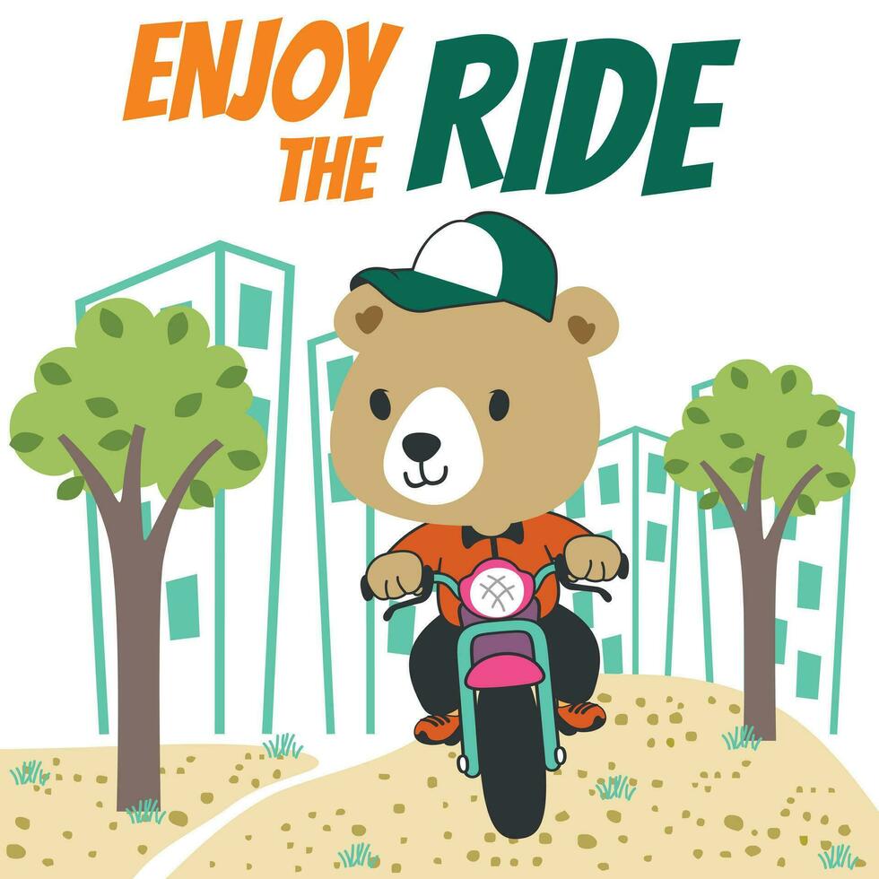 vector illustration of cute little bear ride motorcycle. Creative vector childish background for fabric, textile, nursery wallpaper, poster, card, brochure. and other decoration.