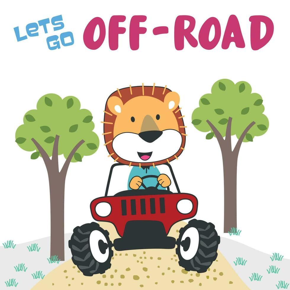 Vector illustration of cute little bear on a off road car go to forest, Can be used for t-shirt print, kids wear, invitation card. fabric, textile, nursery wallpaper, poster and other decoration.