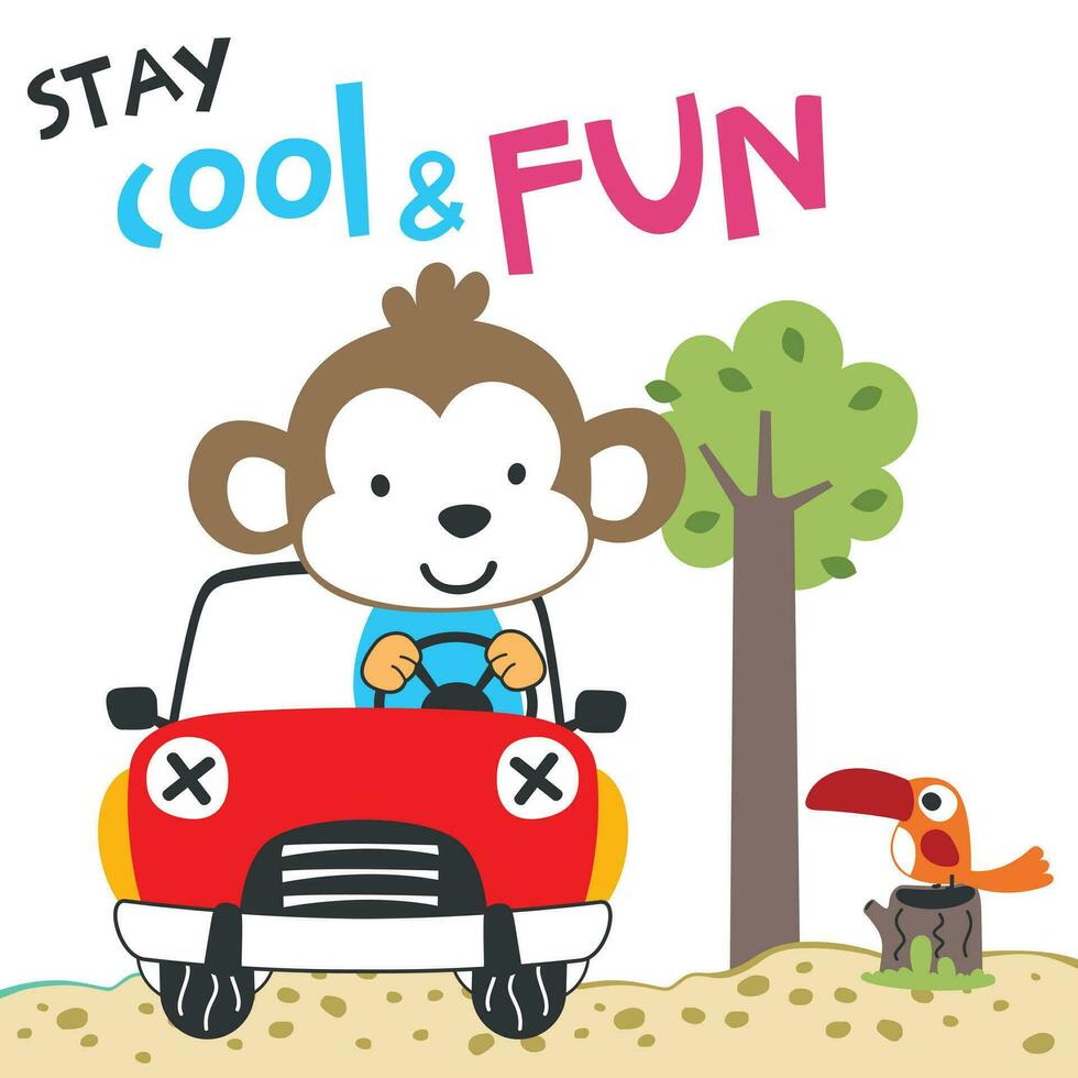 Vector illustration of funy bear driving the red car. Funny background cartoon style for kids. Little adventure with animals on the road for nursery design, cartoon tshirt art design.