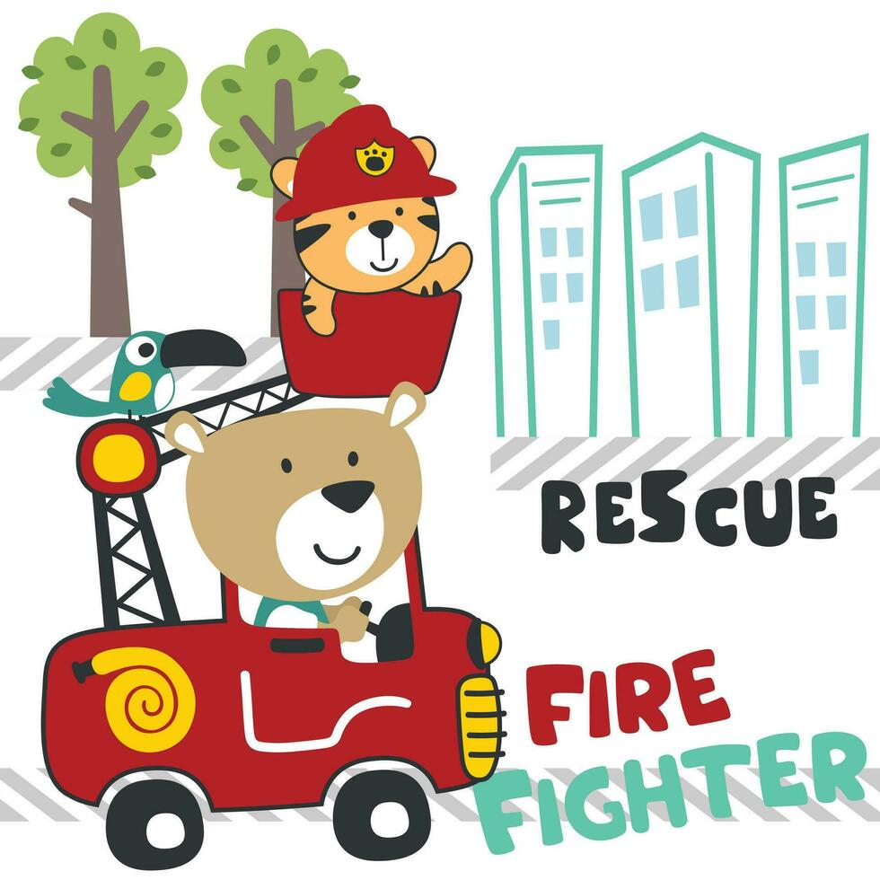 Vector illustration of funny animal firefighter on fire truck. Creative vector childish background for fabric, textile, nursery wallpaper, card, poster and other decoration