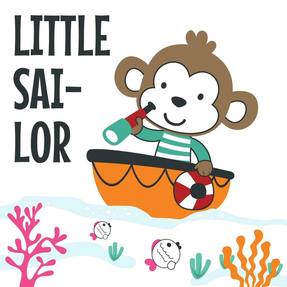 Cute bear sailor on the boat. Can be used for t-shirt print, kids wear fashion design, baby shower invitation card. fabric, textile, nursery wallpaper, poster. vector