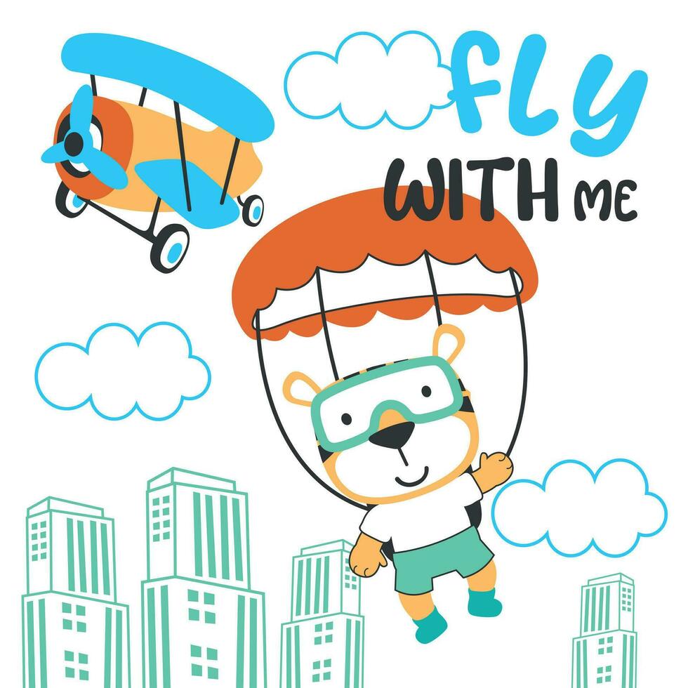 Vector illustration of a cute little animal flying with a parachute. with cartoon style. Creative vector childish background for fabric textile, nursery wallpaper, poster, card, vector illustration