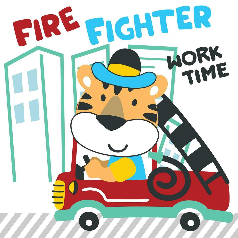 Vector illustration of funny animal firefighter on fire truck. Creative vector childish background for fabric, textile, nursery wallpaper, card, poster and other decoration