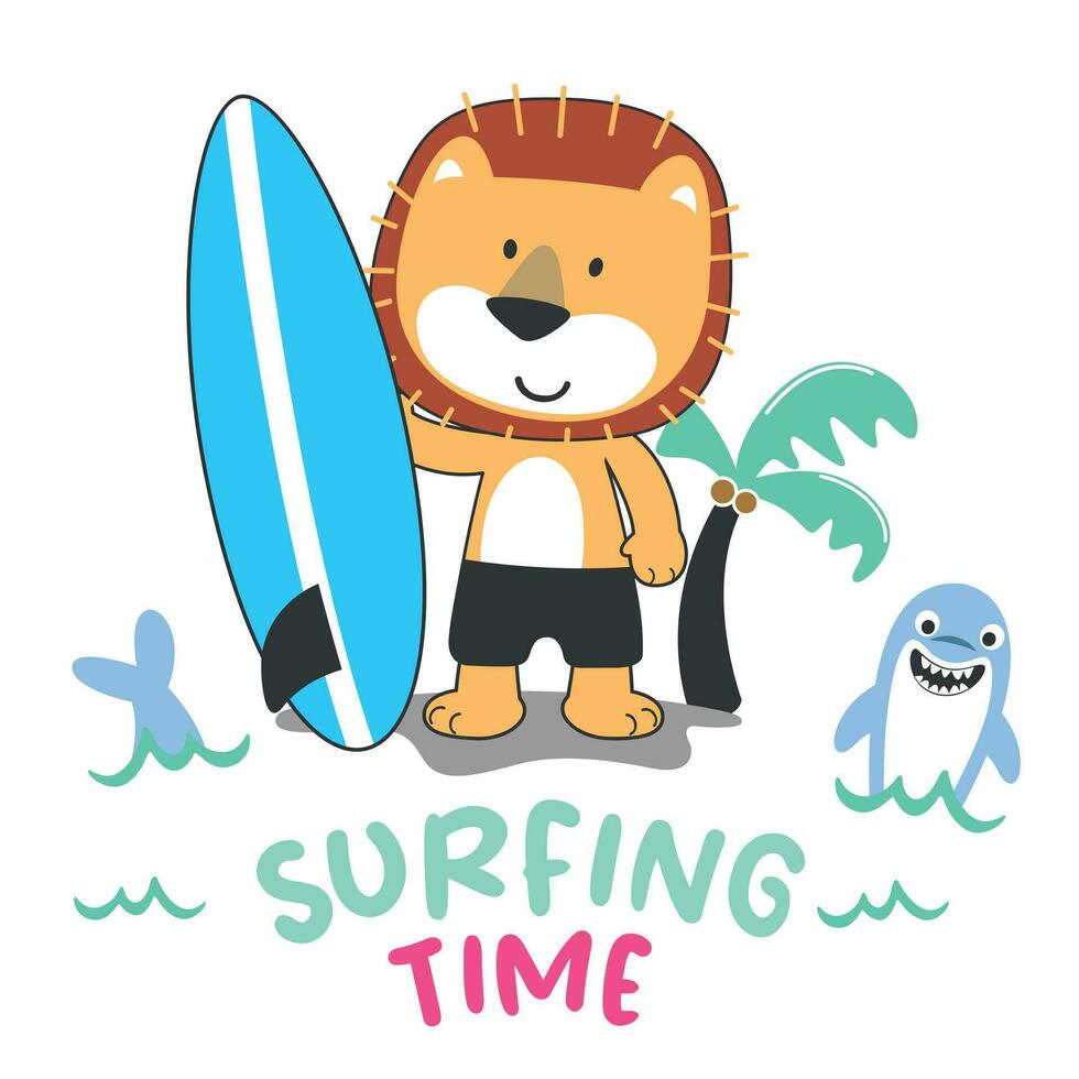 Vector illustration of cute little tiger with a surfboard, Funny background cartoon style for kids for nursery design, summer sports t-shirt print
