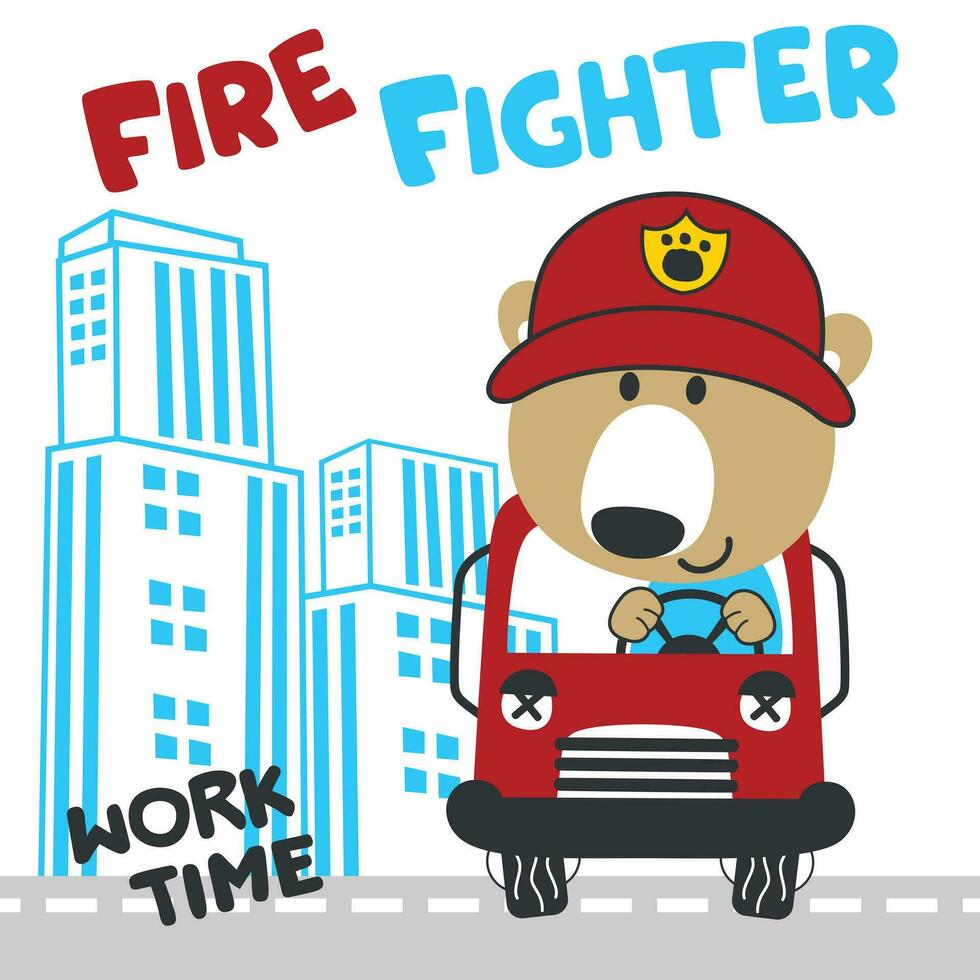 Vector illustration of funny animal firefighter on fire truck. Creative vector childish background for fabric, textile, nursery wallpaper, card, poster and other decoration