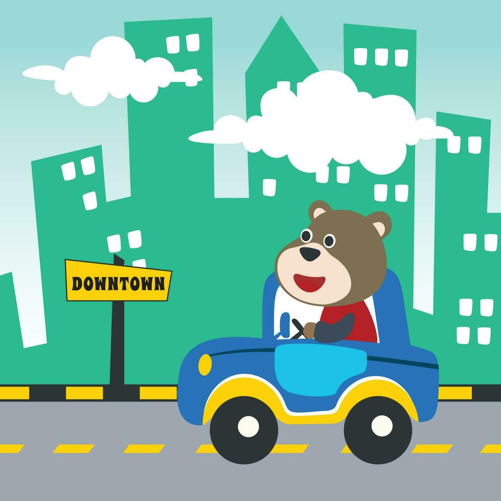 Vector cartoon of funny tiger driving car in the road with village landscape. Can be used for t-shirt printing, children wear fashion designs, baby shower invitation cards and other decoration.