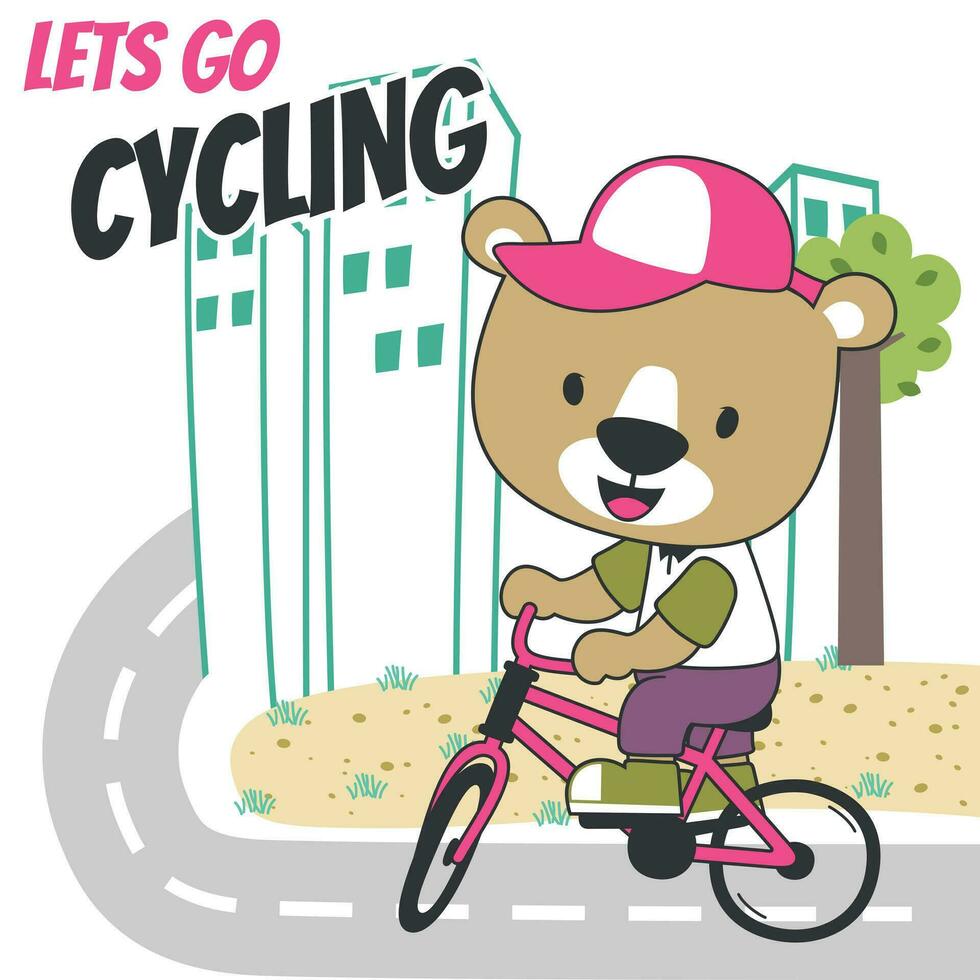 Cute bear riding a bicycle. Trendy children graphic. Vector illustration. T-Shirt Design for children. Design elements for kids.