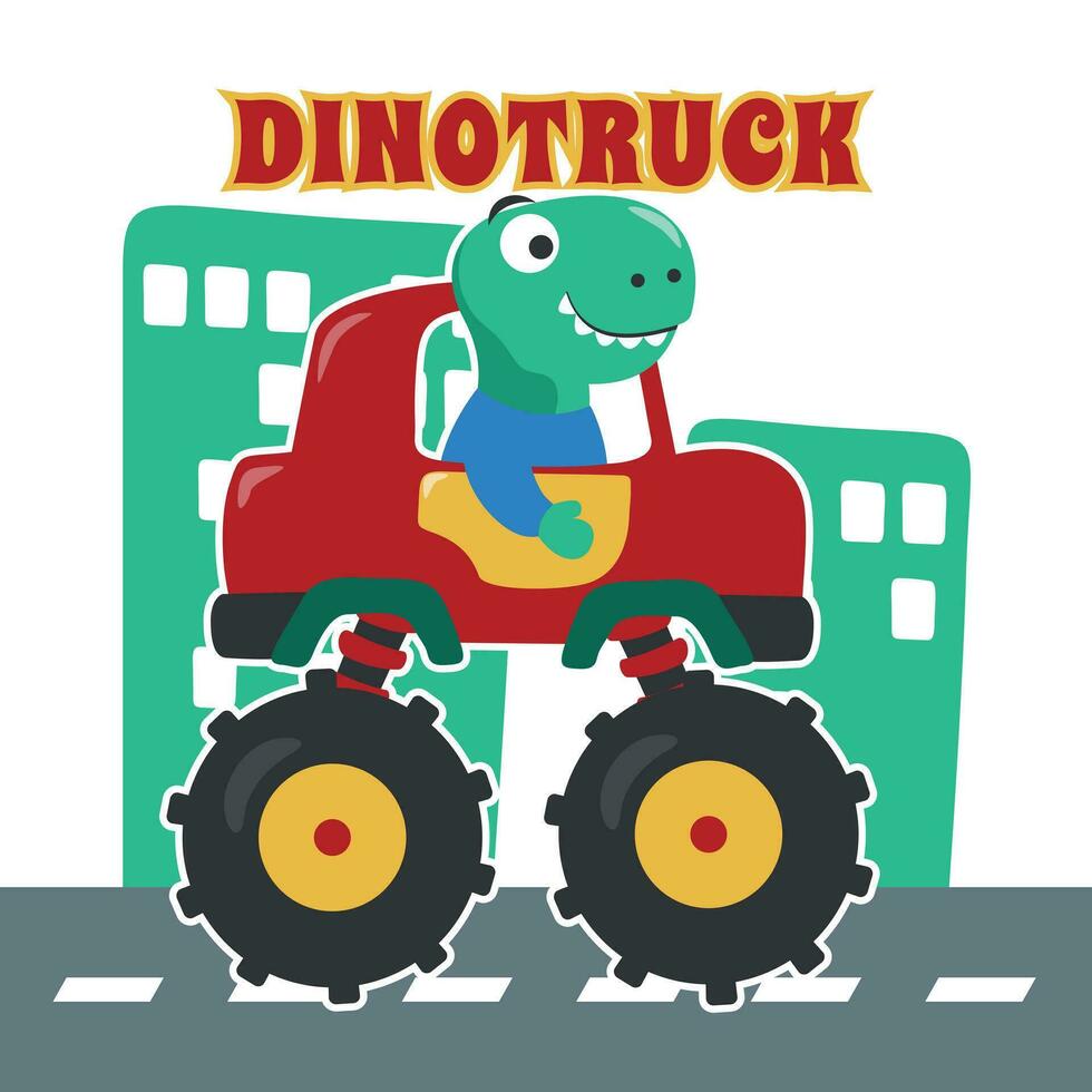 Vector illustration of dinosaurs riding monster truck with cartoon style. Can be used for t-shirt print, kids wear, invitation card. fabric, textile, nursery wallpaper, poster and other decoration.