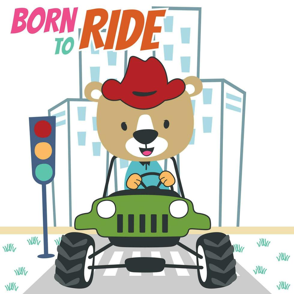 vector ilustración de linda pequeño oso en un apagado la carretera coche Vamos a bosque, lata ser usado para camiseta imprimir, niños tener puesto, invitación tarjeta. tela, textil, guardería fondo de pantalla, póster y otro decoración.