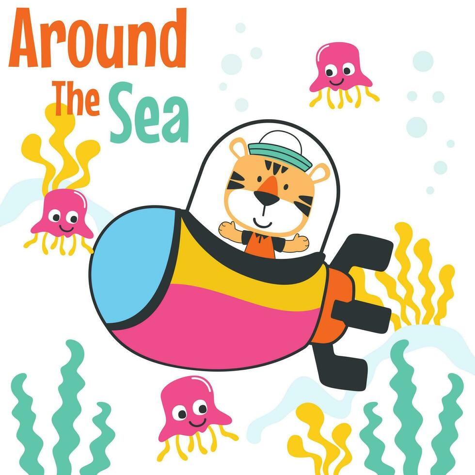 Diving with funny bear driving submarine. Creative vector childish background for fabric, textile, nursery wallpaper, poster, card, brochure. vector illustration background.