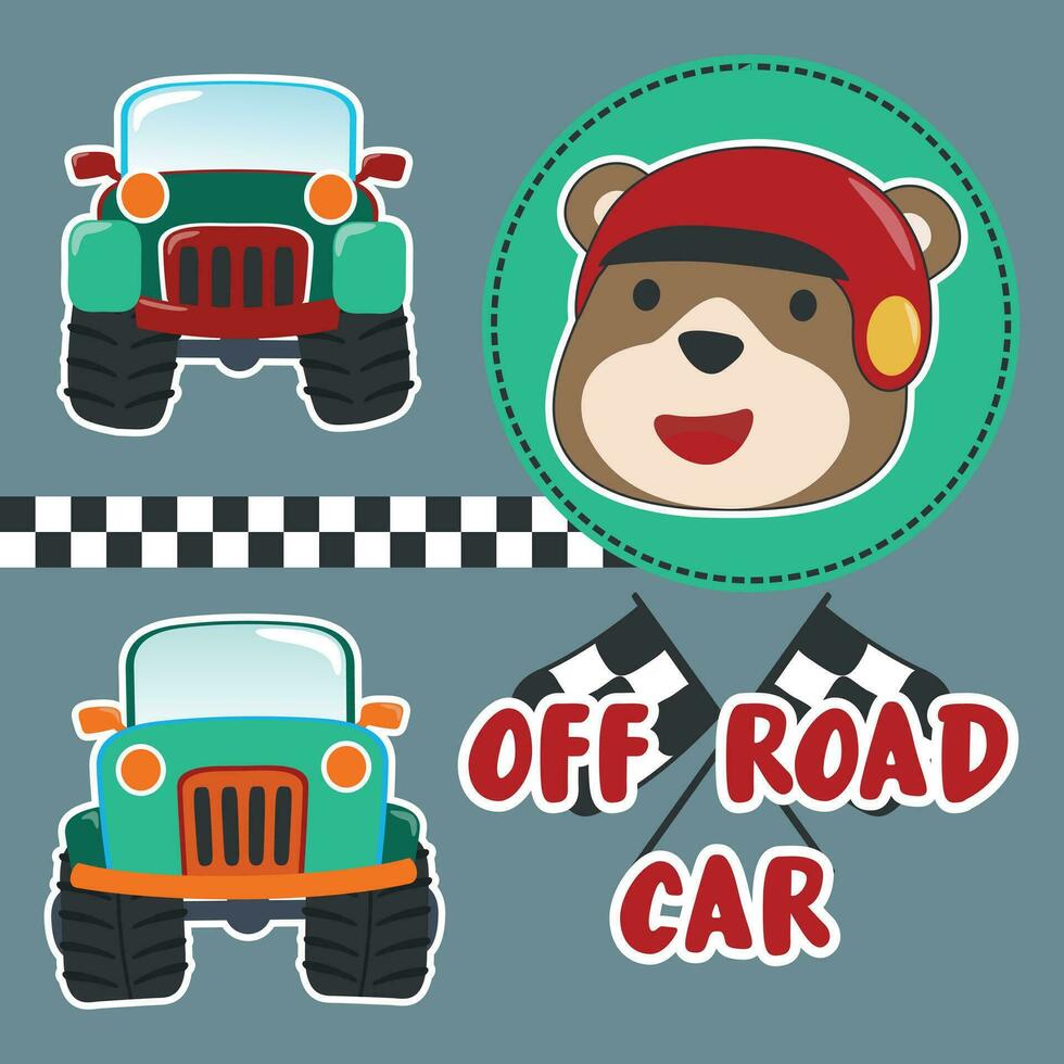 Cartoon vector of monster truck and little animal driver. Can be used for t-shirt print, kids wear fashion design, invitation card. fabric, textile, nursery wallpaper, poster and other decoration.