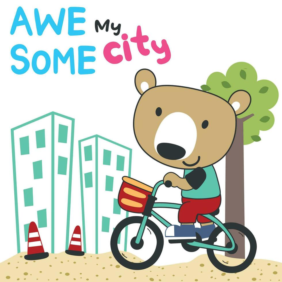 Cute bear riding a bicycle. Trendy children graphic. Vector illustration. T-Shirt Design for children. Design elements for kids.