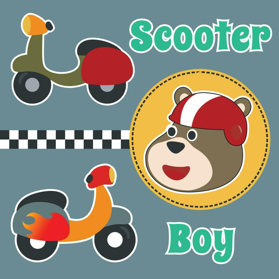 Cute bear and Scooter Cartoon Vector Icon Illustration. Can be used for t-shirt printing, children wear fashion designs, baby shower invitation cards and other decoration.