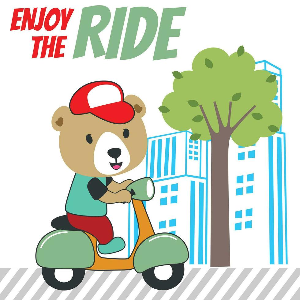 Vector illustration of cute bear Riding Scooter. Can be used for t-shirt printing, children wear fashion designs, baby shower invitation cards and other decoration.