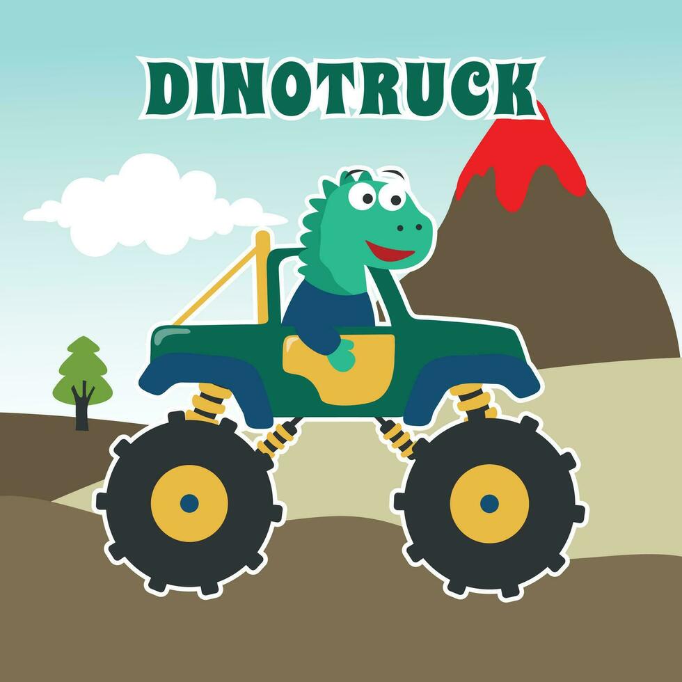 vector ilustración de dinosaurios montando monstruo camión con dibujos animados estilo. lata ser usado para camiseta imprimir, niños tener puesto, invitación tarjeta. tela, textil, guardería fondo de pantalla, póster y otro decoración.