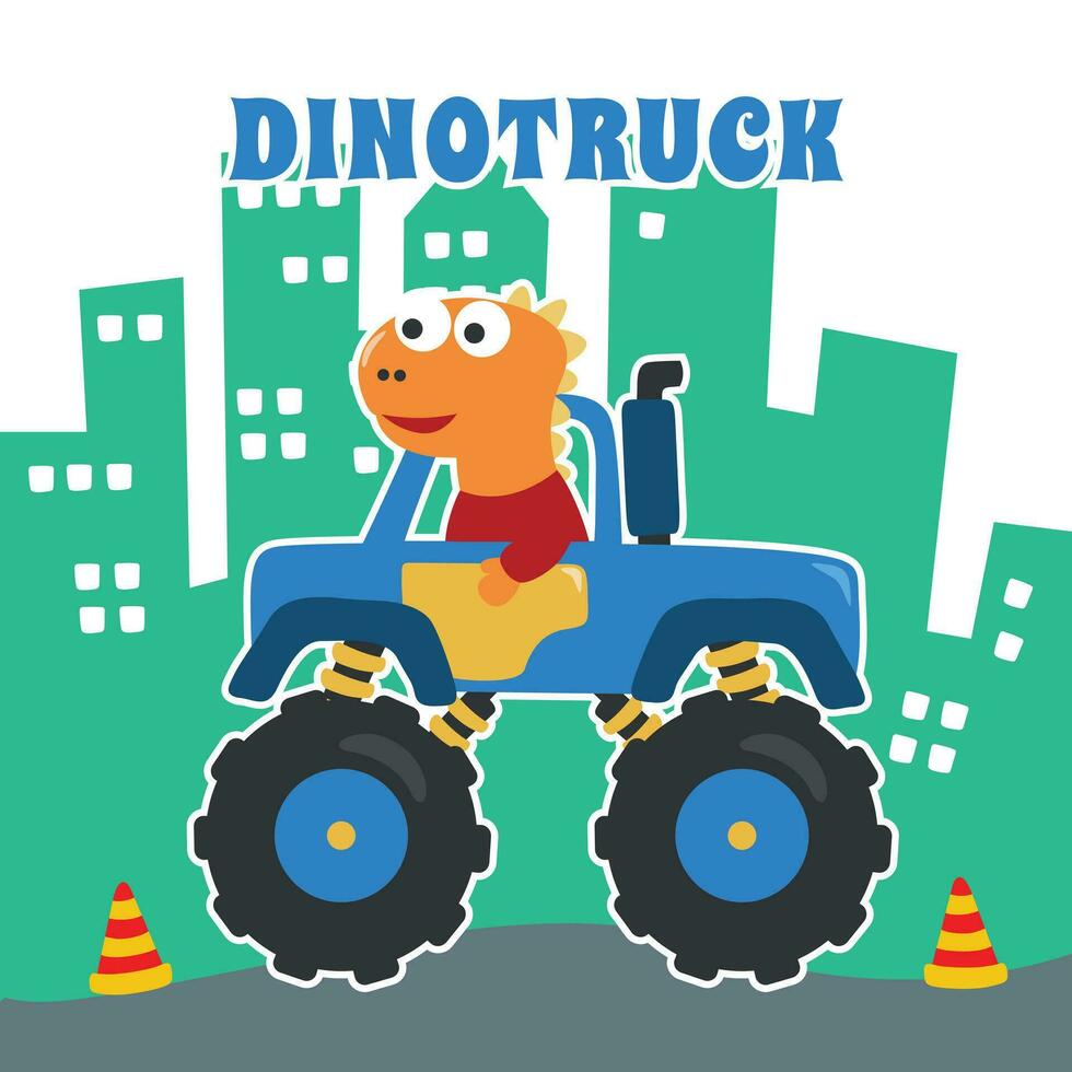 Vector illustration of dinosaurs riding monster truck with cartoon style. Can be used for t-shirt print, kids wear, invitation card. fabric, textile, nursery wallpaper, poster and other decoration.