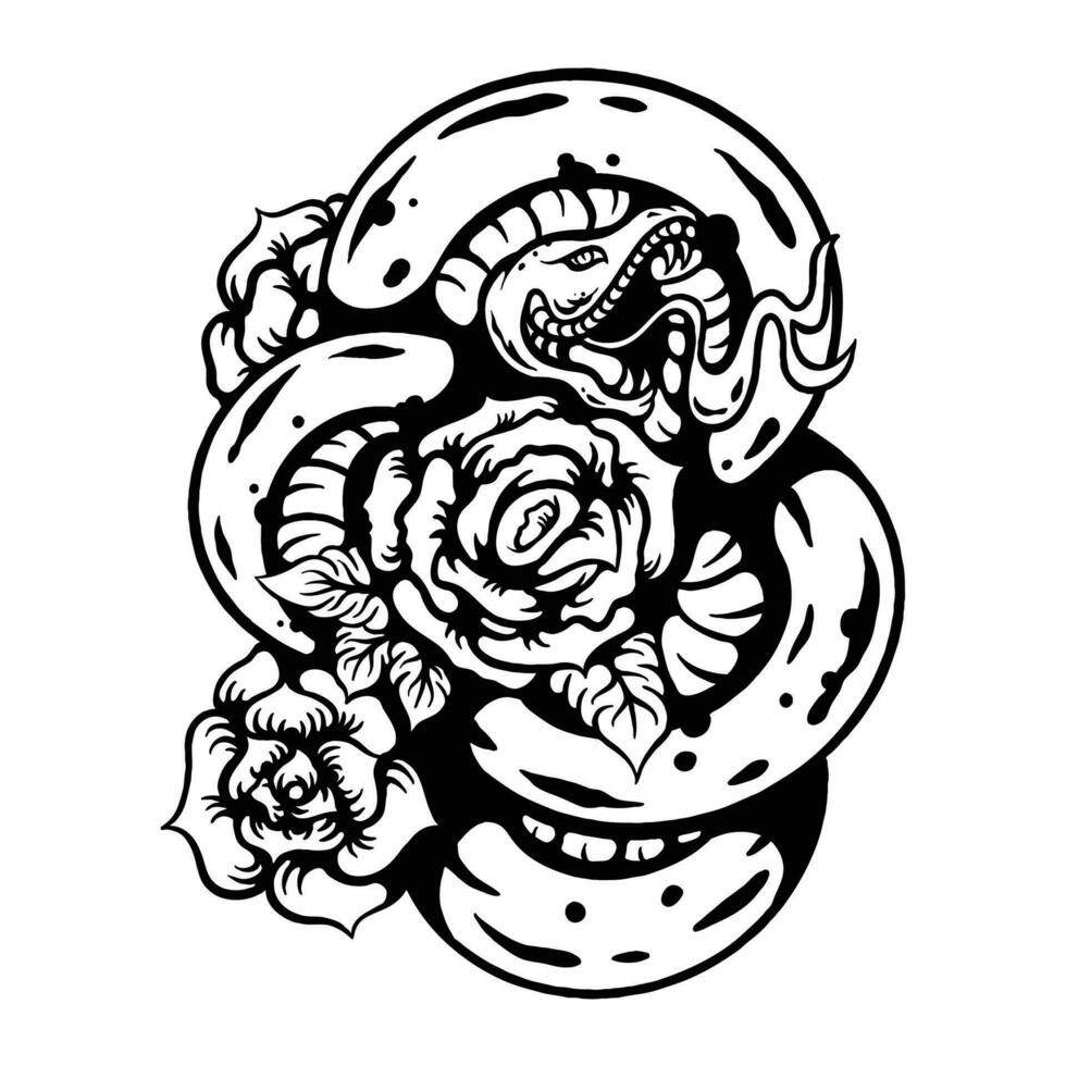 line art of snake and rose drawing vector