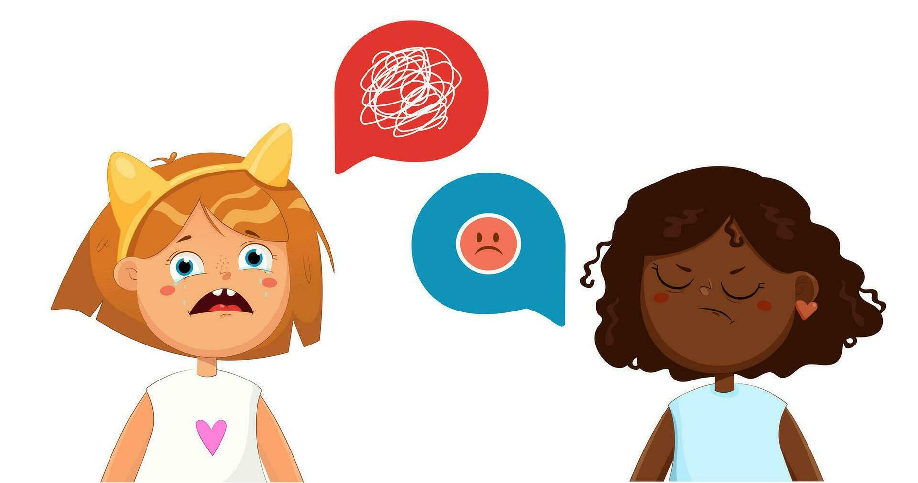 Two little cute girls are angry. Children cry and swear, shout at each other. Vector illustration.