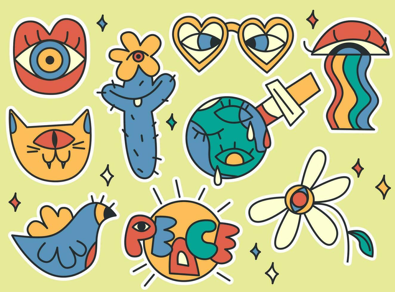 Peaceful stickers set in retro style. vintage bright, groovy print 70s,2000.Y2k.Vector flat illustration. vector