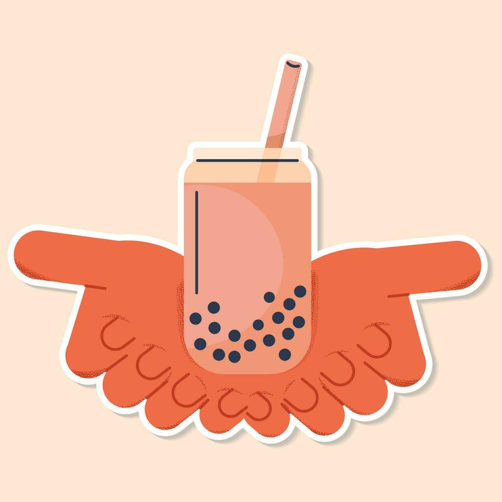 MILK TEA cup with hands sticker beige vector