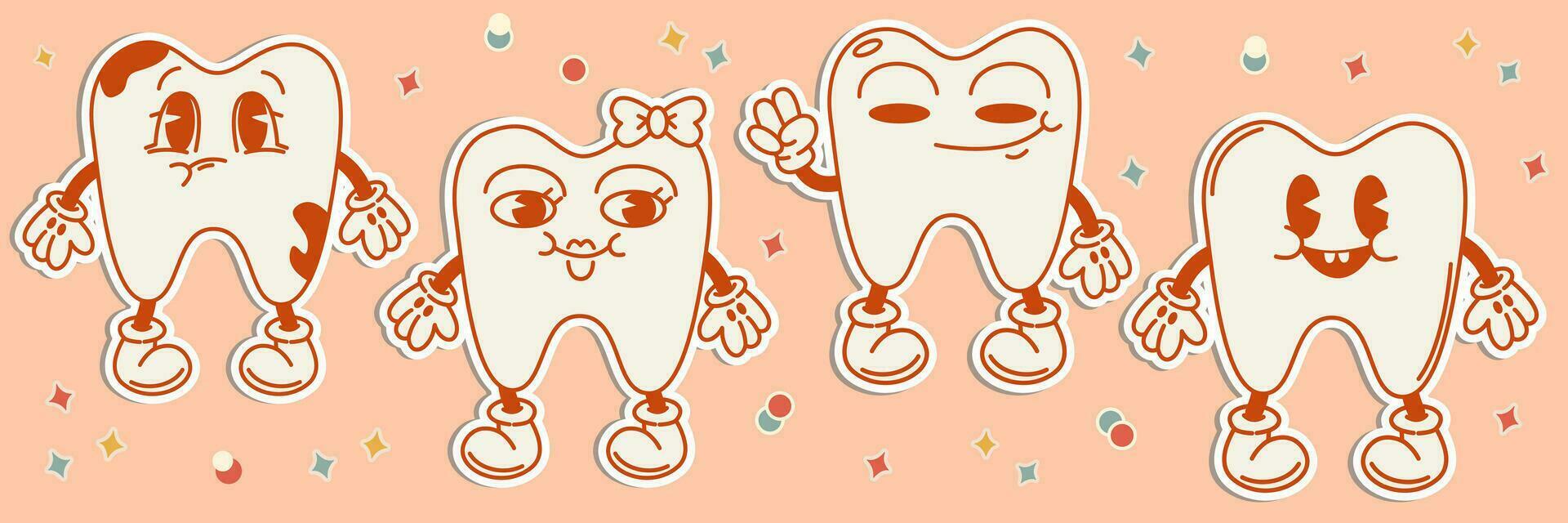 Set stickers of cartoon cute happy teeth.70, 80, retro style.Dental tooth concept, vector image for sticker, print.Vector illustration