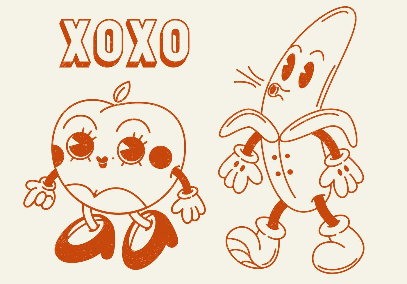 Xoxo banana peach retro groovy illustration print with funny slogan for graphic tee t shirt or sticker poster - Vector. Vector illustration