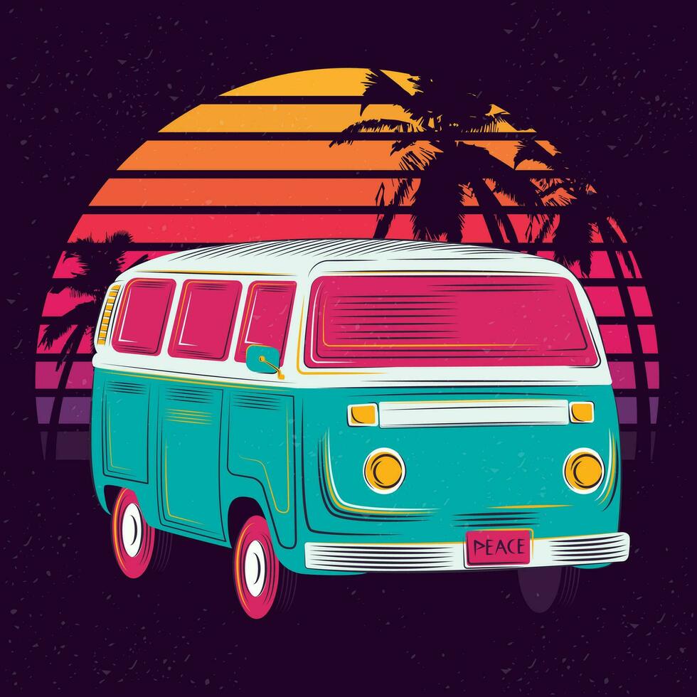 Summer vacation with camping car on the palms tropical beach and sunset background. Peace sign.retro groovy illustration print for graphic tee t shirt or sticker poster.Vector illustration vector